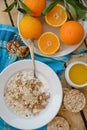 Breakfast, fruit, corn flakes, milk and orange juice on the wooden table Royalty Free Stock Photo