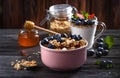 Breakfast with fruits, berries, granola. Royalty Free Stock Photo