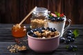 Breakfast with fruits, berries, granola. Royalty Free Stock Photo