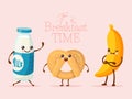 Breakfast funny cartoon character, banana fruit, sweet cookie biscuit and milk glass bottle flat vector illustration Royalty Free Stock Photo