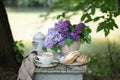 Breakfast in the garden: eclairs, cup of coffee, coffee pot, lilac flowers in a basket Royalty Free Stock Photo