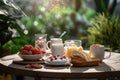 Breakfast in the garden. Milk, fruits, bread, berries on a wooden table.