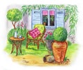 Breakfast in the garden, watercolor illustration. Royalty Free Stock Photo