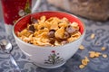 Breakfast golden and chocolate cornflakes cereal bowl Royalty Free Stock Photo