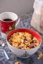 Breakfast golden and chocolate cornflakes cereal bowl Royalty Free Stock Photo