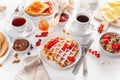 Breakfast with granola berry nuts, waffle, toast, jam, chocolat Royalty Free Stock Photo