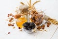 Breakfast - granola, yogurt, berries, nuts, honey, wheat Royalty Free Stock Photo