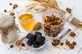 Breakfast - granola, yogurt, berries, nuts, honey, wheat Royalty Free Stock Photo