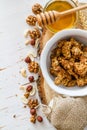 Breakfast - granola, yogurt, berries, nuts, honey, wheat Royalty Free Stock Photo