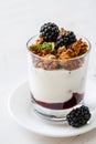 Breakfast - granola, yogurt, berries, wheat Royalty Free Stock Photo