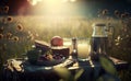 breakfast on the grass on the background of a meadow, romantic dinner, weekend, outdoor recreation, generative ai