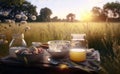 breakfast on the grass on the background of a meadow, romantic dinner, weekend, outdoor recreation, generative ai