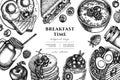 Breakfast hand drawn illustration design. Background with sketch sandwich, pancakes, bowl with avocado, porridge with