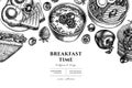 Breakfast hand drawn illustration design. Background with sketch sandwich, pancakes, bowl with avocado, porridge with