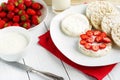 Breakfast for health sandwiches from rice vegan waffle with Greek yogurt and fresh strawberries