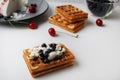 breakfast is healthy with cottage cheese and berries. Belgian soft waffles with cottage cheese blueberries and cherries on a white Royalty Free Stock Photo