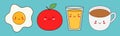 Breakfast healthy food icon set. Coffee tea cup, orange juice glass, fried egg, apple fruit. Cute cartoon kawaii characters. Royalty Free Stock Photo