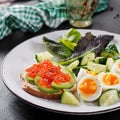 Breakfast. Healthy open sandwich on toast with avocado and red caviar, boiled eggs, cucumber salad on white plate. Healthy