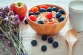 Breakfast Healthy Nature Vegetarian Food With Milk, Granola, Muesli and Natural Fresh Fruit on The Table., Granola With Yogurt for Royalty Free Stock Photo