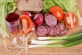 Breakfast with home made Sausage smoked, tomato, onion and bread Royalty Free Stock Photo