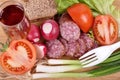 Breakfast with home made Sausage smoked, tomato, onion and bread Royalty Free Stock Photo