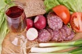 Breakfast with home made Sausage smoked, tomato, onion and bread Royalty Free Stock Photo