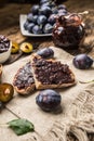 Breakfast from homemade plum jam bread and ripe plums. Royalty Free Stock Photo