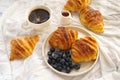 Breakfast: hot coffee and blueberry croissant