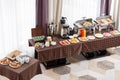 Breakfast at the hotel. Buffet Table with dishware waiting for guests Royalty Free Stock Photo