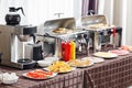 Breakfast at the hotel. Buffet Table with dishware waiting for guests Royalty Free Stock Photo