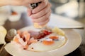 Breakfast at hotel. Healthy meal was served on a beautifully set table at the hotel restaurant in the morning. The handcrafted