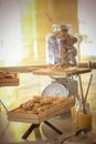 Breakfast in hotel loby, cookies with juice