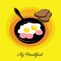 Breakfast icon. Cartoon illustration. Flat design. Form recipes. Fried eggs in a frying pan with sausage. Royalty Free Stock Photo