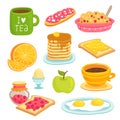 Breakfast icon cartoon set with various products