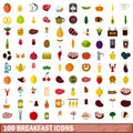 100 breakfast icons set, flat style Royalty Free Stock Photo
