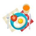 Breakfast illustration. Fried eggs, tomatoon on plate and juice. Concept for cafes, restaurants.