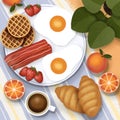 Breakfast illustration. Picnic outdoor scene, top view. Fried eggs, bacon, waffles, croissants, coffee, fruits and plants