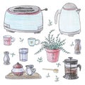Breakfast illustration. Toaster, coffee pot, kettle, milk pot, mug, kettle, spoon, tea pot