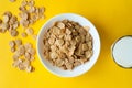 Breakfast ingredients. Cereals with milk. Top view, A bowl of corn flakes and raisins Royalty Free Stock Photo