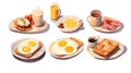 Breakfast items with toast, fried eggs, ham, orange juice, coffee and milk isolated on white created with Generative AI