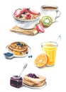 Breakfast: juice, jam, pancakes, coffee, bread, muesli Royalty Free Stock Photo