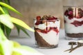 Breakfast layered parfait dessert with yogurt, sponge biscuit and fresh strawberry, white background copy space Royalty Free Stock Photo