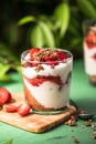 Breakfast layered parfait dessert with yogurt, sponge biscuit and fresh strawberry, white background copy space Royalty Free Stock Photo