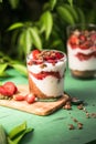 Breakfast layered parfait dessert with yogurt, sponge biscuit and fresh strawberry, white background copy space Royalty Free Stock Photo