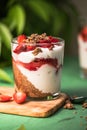 Breakfast layered parfait dessert with yogurt, sponge biscuit and fresh strawberry, white background copy space Royalty Free Stock Photo