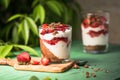 Breakfast layered parfait dessert with yogurt, sponge biscuit and fresh strawberry, white background copy space Royalty Free Stock Photo