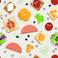 Breakfast. Seamless food pattern with light blue linen texture. Slices of white and rye bread, sandwiches, butter, cheese, boiled