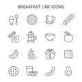 Breakfast line icon set. Vector collection symbol with egg, donut, apple, croissant, avocado, tea cup, toast, coffee Royalty Free Stock Photo