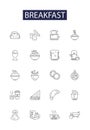 Breakfast line vector icons and signs. Bacon, Toast, Jam, Omelette, Cereal, Pancakes, Waffles, Coffee outline vector