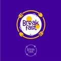 Breakfast logo. Cafe or snack emblem. Fried eggs and forks with spoons in a circle. Funny illustration